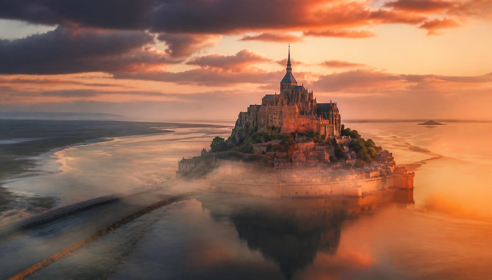 Vista aérea de Mont-Saint-Michel al atardecer, la isla amurallada y la abadía gótica rodeadas por la bahía