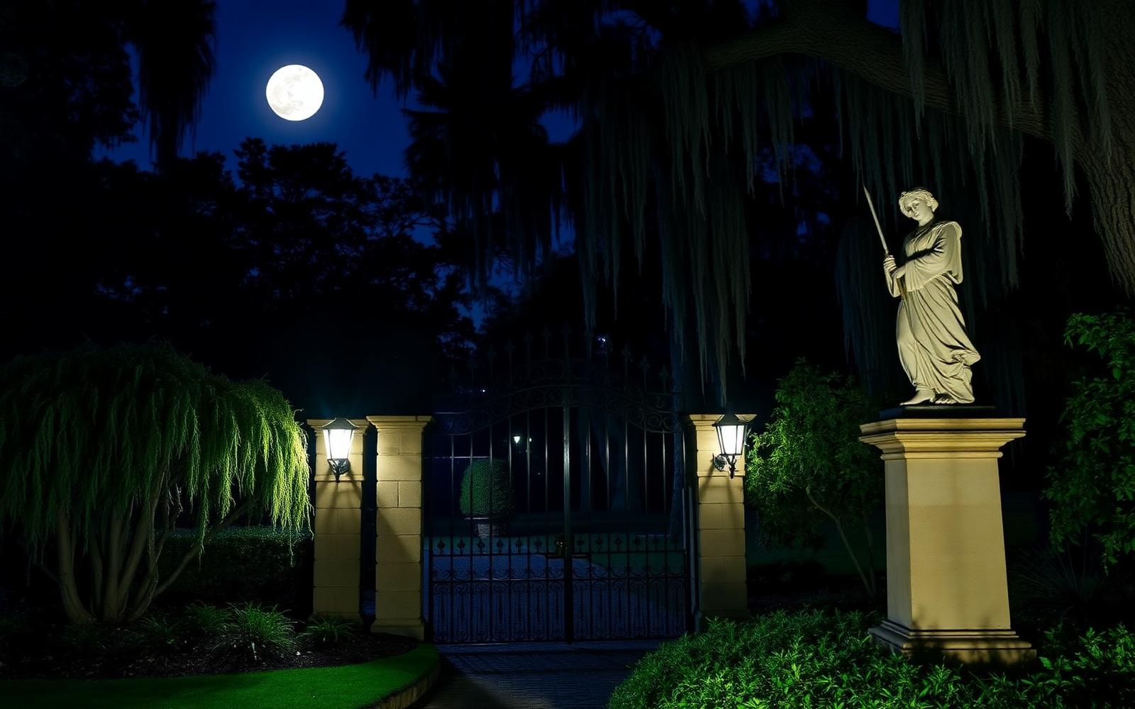 Jardín del sur de Estados Unidos iluminado por la luna, con estatua, verja de hierro y musgo español