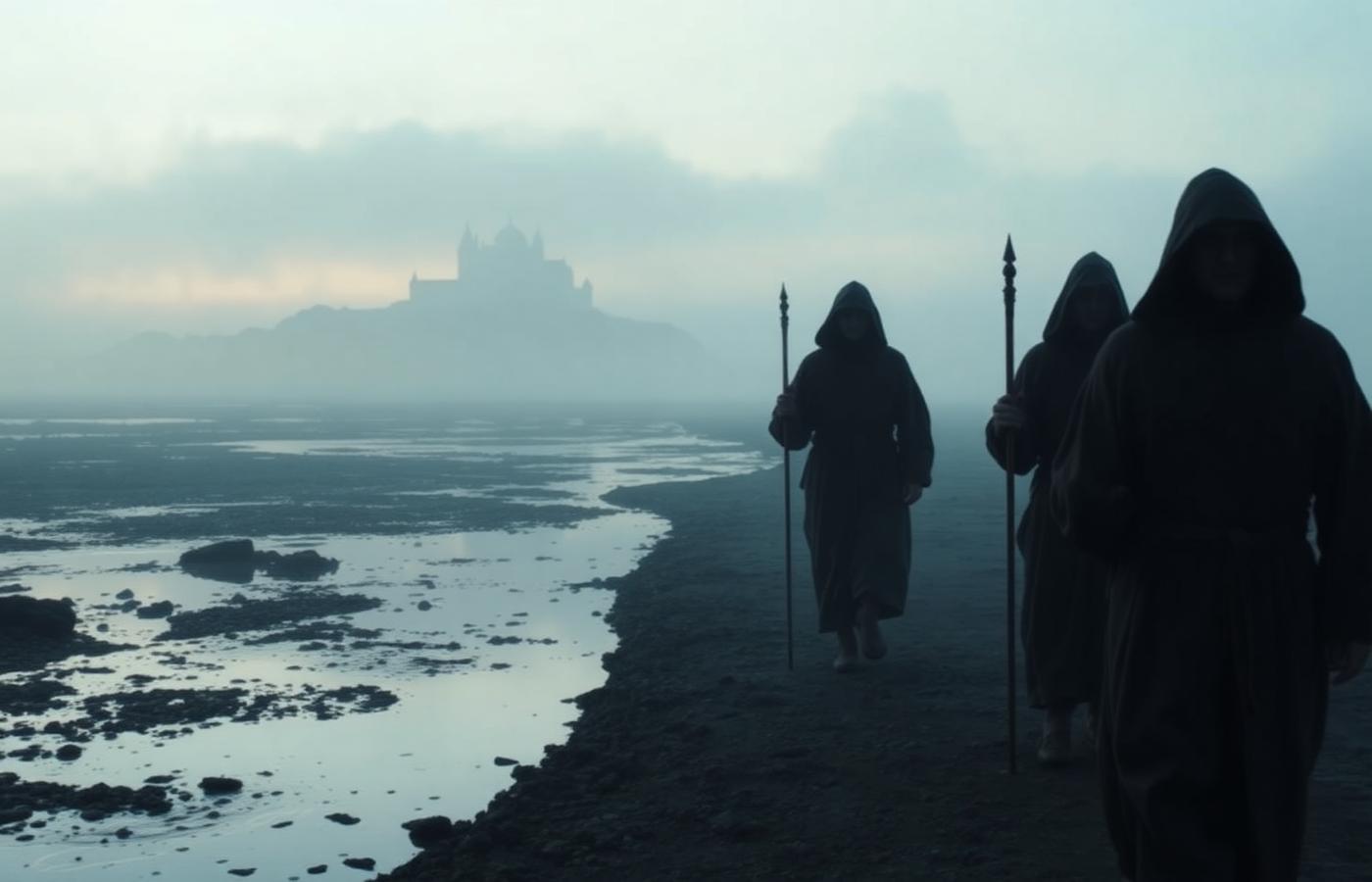 Peregrinos medievales con bastones cruzando la bahía entre la niebla hacia la abadía