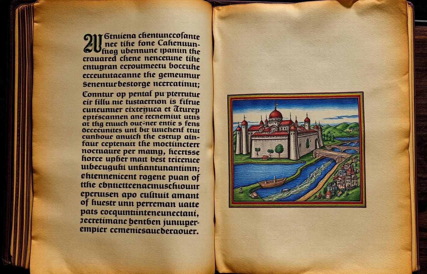 Página de una crónica medieval con escritura cirílica y una ciudad amurallada junto a un río