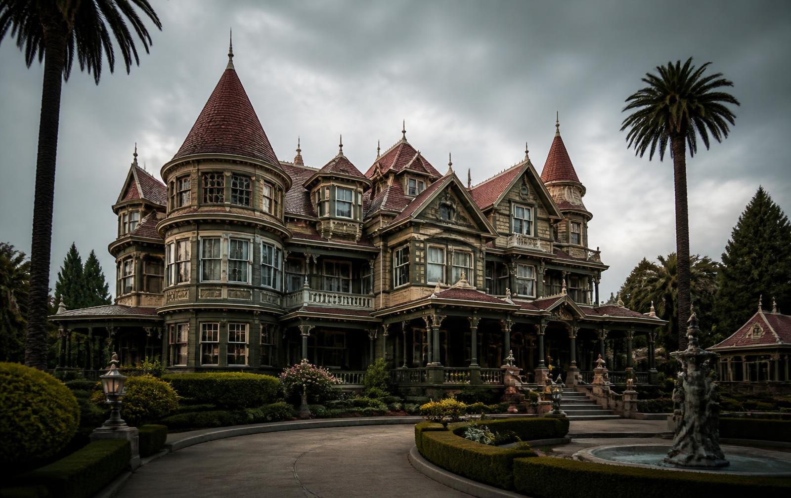 Mansión victoriana de múltiples torres y tejados rojos en California bajo un cielo nublado